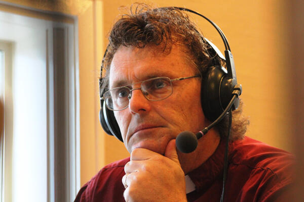 Archdeacon Tim Mora, who will MC the Pike River first anniversary service, being interviewed live on Morning Report.