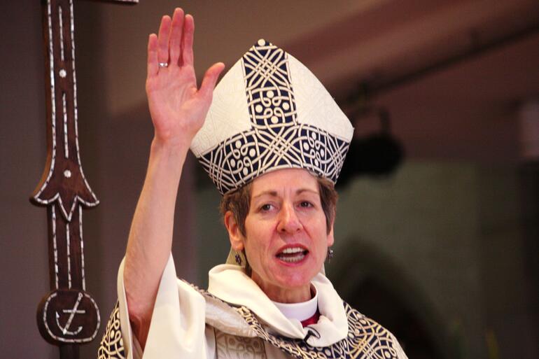 Bishop Katharine pronounces the blessing after yesterday's Eucharist.