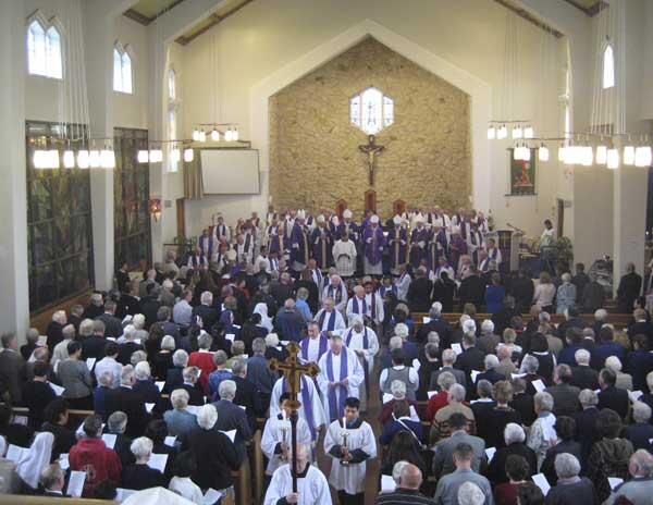 Closing procession during the requiem mass for Bishop John Cunneen in St Mary's Catholic Church, Christchurch.