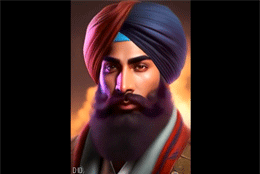 A turbaned Indian man generated by AI looks directly into the camera