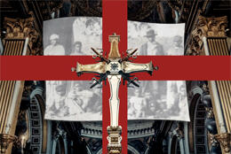 A processional cross appears before a photo of African people in 19th century British dress. The photo is in the nave of St Paul's Cathedral London.