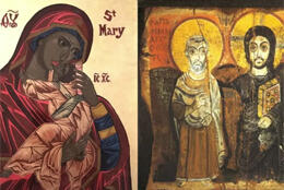 A hand-painted icon of Mary and Jesus and a copy of an icon of jesus with the beloved disciple