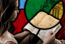 A primary-coloured stained glass scene pictures a Gen Z woman reading a Bible