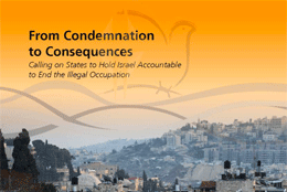 Sun sets over a Palestinian town with a painted dove & the words: condemnation to consequences