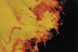 Roughly painted orange and gold flames sit against a black background