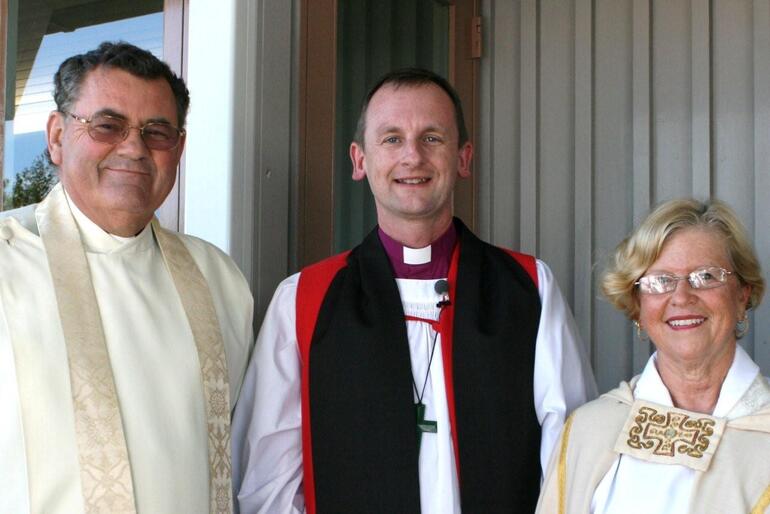 The Rev Duncan McDonald, CEO of The Selwyn Foundation; Bishop Ross Bay, and the Rev Marianne Hornburg, the Selwyn Chaplain.