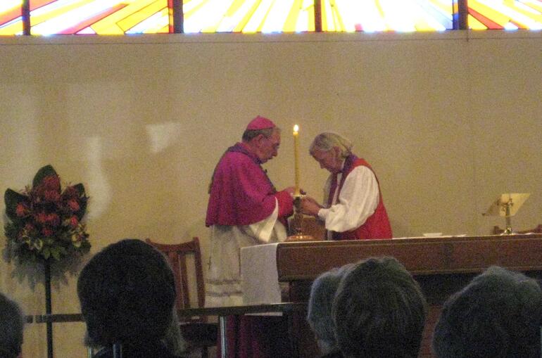 Bishop Barry Jones (Catholic) and Bishop Victoria Matthews (Anglican) sharing Ash Wednesday in Christchurch. 
