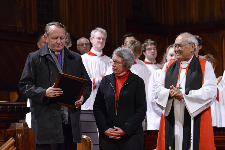 Archbishop Paterson responds to the presentation, as Marion and Archbishop Brown Turei look on.