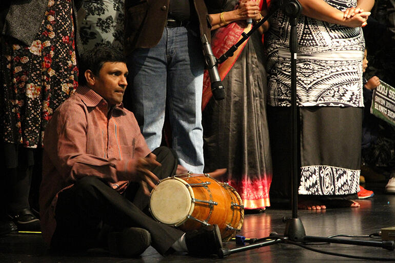 Jack Malik drumming up a storm on the dolakh. Jack, who grew up Hindu, recently found Jesus through Auckland's Anugrah church.