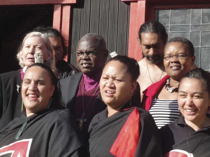 Bishop Victoria Matthews and Archbishop John and Margaret Sentamu join the waiata team at Te Wai Pounamu.