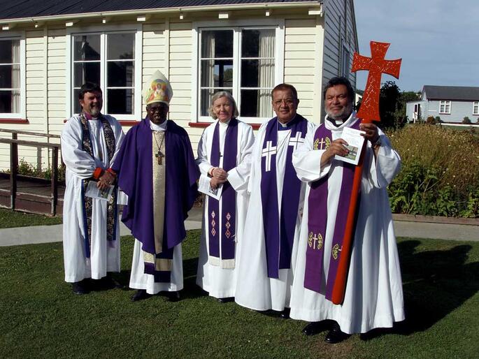 The Archbishop of York is flanked by bishops at the start of the welcome to Te Wai Pounamu on Sunday.