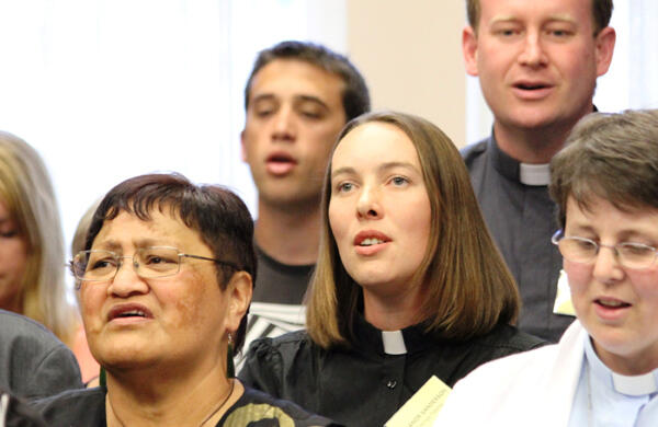 The Rev Dr Eleanor Sanderson (centre) and Mrs Ellen Nicholson (at left) sing waiata during the welcome.
