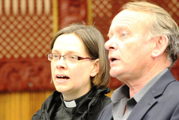 The Rt Rev John Paterson, the former Bishop of Auckland, and a fluent speaker of te reo, escorted Dr Hartley through her welcome.