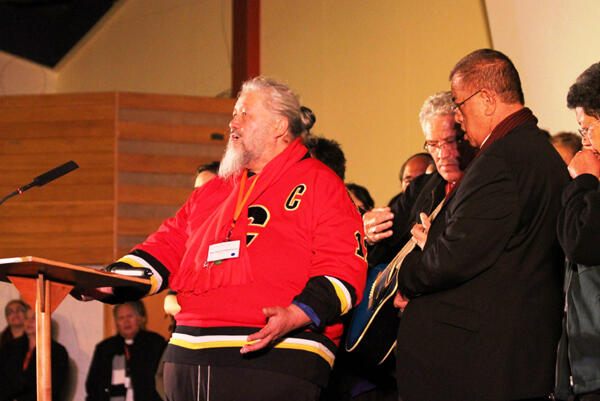 The Rev Denis Patuwairua sings He Tikanga Whakapono - the Affirmation of Faith - during the Tikanga Maori evening presentation.