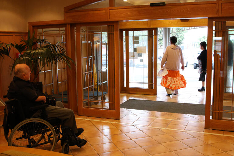 Mike Gourley and Rev Lanieta Tuiwaiwai check out the entranceway access at the Anglican Disability Ministry Summit venue.