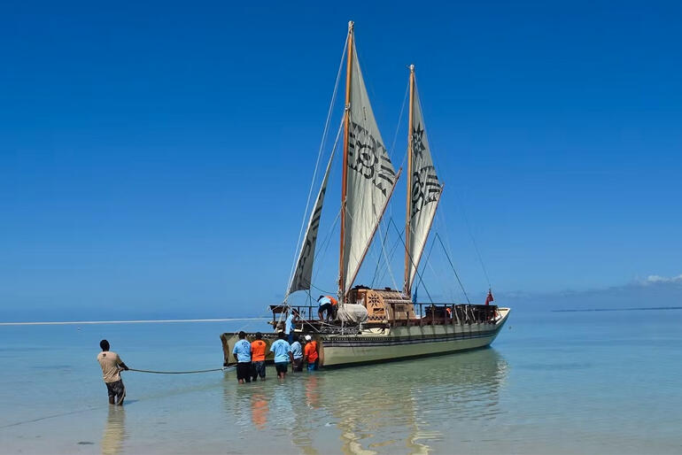 Crew members launch a twin-hulled vaka belonging to Fiji's Uto Ni Yalo Trust, one of the voyaging societies backing the Church's COP31 voyage. Crew members launch a twin-hulled vaka belonging to Fiji's Uto Ni Yalo Trust, one of the voyaging societies backing the Church's COP31 voyage.