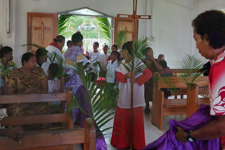 Members of St Leonard's Anglican Church in Savusavu, Fiji prepare for their Palm Sunday service , 2026.
