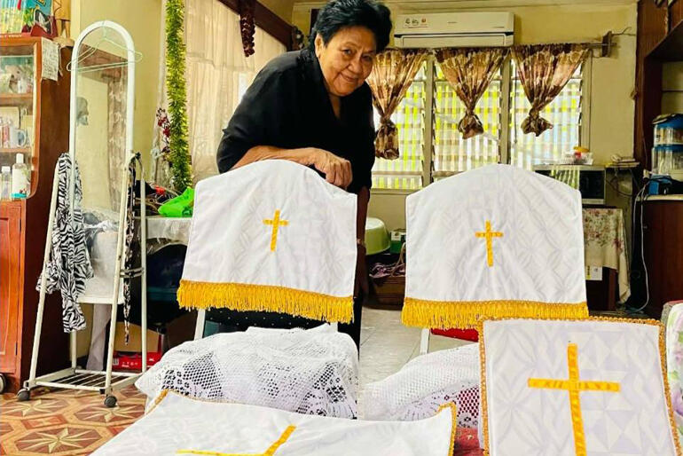 Mrs Falefehi Petueli with her newly sewn altar linen, ready for Easter Sunday at StThomas Anglican Church in Labasa.