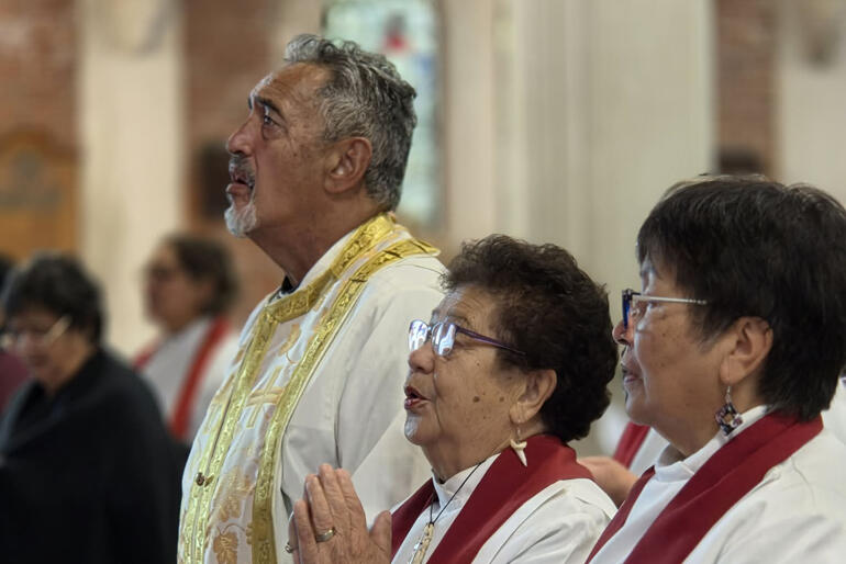 Ngā Minita line up to renew their ordination vows at the Hui Amorangi ki te Tairāwhiti chrism service in Gisborne, Holy Week 2026.