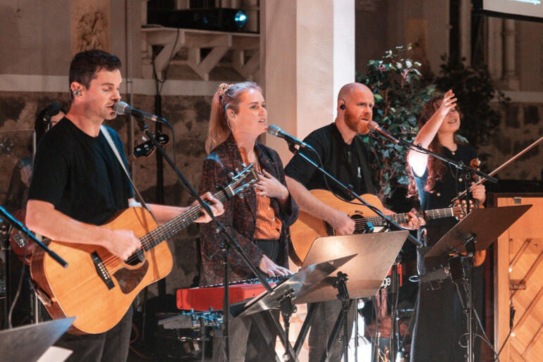 St Paul's Symond's Street worship band lead the congregation in worship on Palm Sunday 2026.