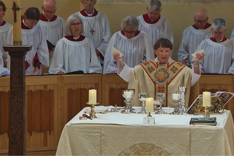 The Reverend Canon Sue Pickering celebrates the Eucharist at the Waikato Cathedral of St Peter's Easter Sunday service 2026.