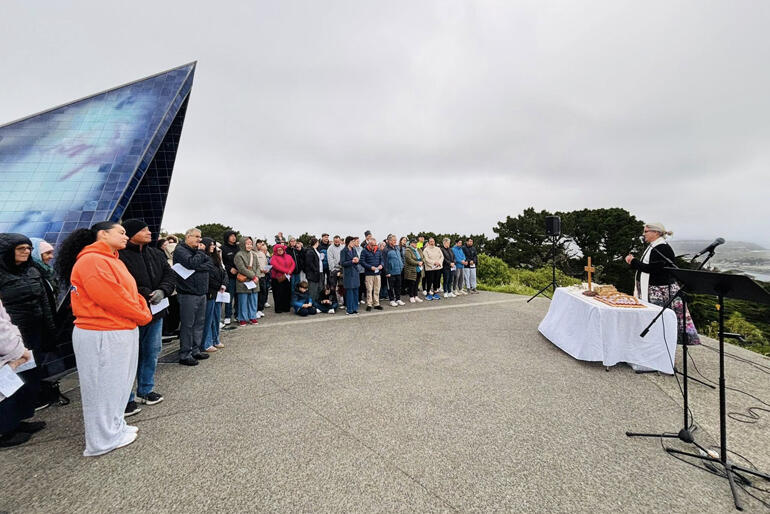The Reverend Jax Clark presides at a combined churches' sunrise service on Mount Victoria in Wellington City, Easter Day, 2026.