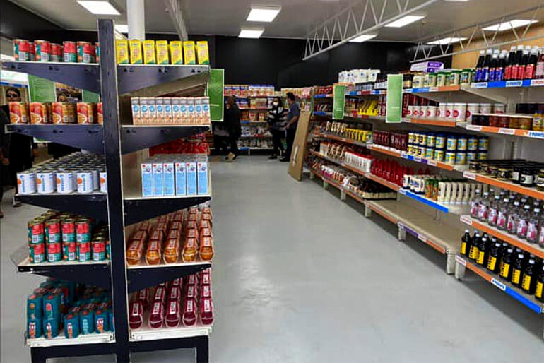 Kaitaia's social supermarket, where Te Whare Ruruhau o Meri gathered dry goods to distribute to whānau after the storms.