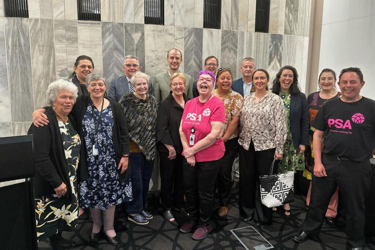 Anglican social service leaders Dee-Ann Wolverstan, Mike Williams & Judy Matai’a celebrate the pay equity win alongside PSA members. 