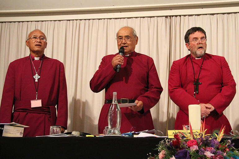 Having declared the motion carried, Archbishop Brown Turei leads a waiata of acknowledgement.