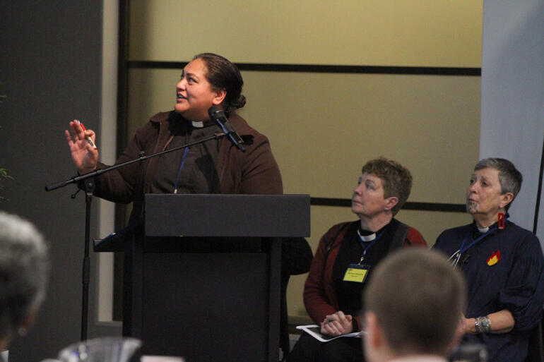 Archdeacon Ruihana Paenga introduces the wānanga on women's leadership.