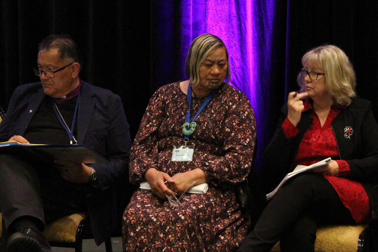 Mover Bishop Te Kitohi Pikaahu, seconder Ven Mere Wallace and Working Group Chair Rev Vicki Sykes reflect on speakers to Motion#5.