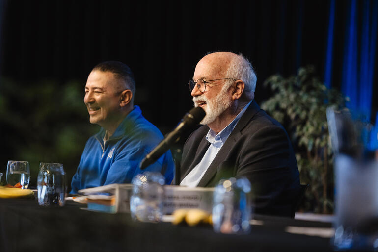 Steve Avalos and Fr Gregory Boyle share a smile with Synod during the wānanga on kinship.