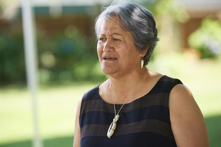 Otamataha Trustee Sylvia Hemoata Willison calls the visitors onto Te Papa.