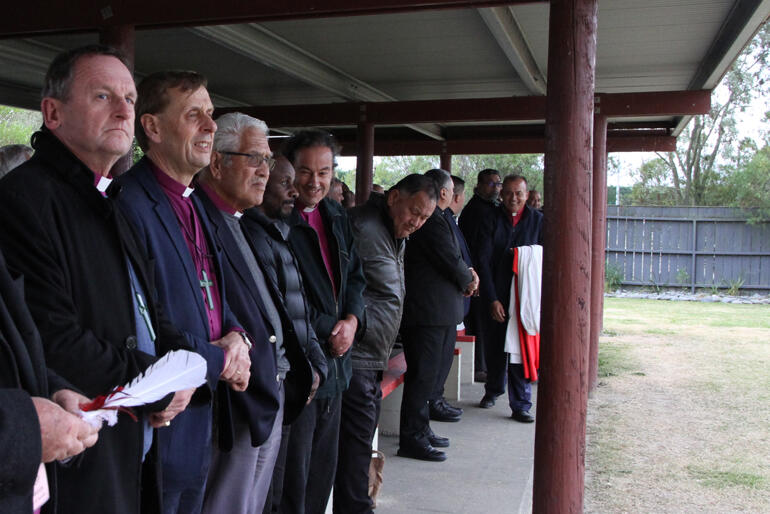 Bishops front the manuhiri at Ōmahu as General Synod arrives in Ōmahu on Sunday 19 May, 2024.