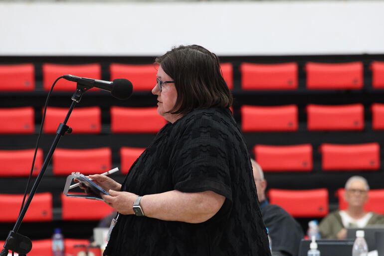 Aotearoa New Zealand's Anglican Pacifist Fellowship Chair, the Reverend Dr Susan Genner speaks to support the Holy Land motion.