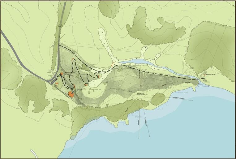 A plan view of the site - with the road at left, and the Marsden Cross at right. Visitors will follow the zig zag walkway and way stations.