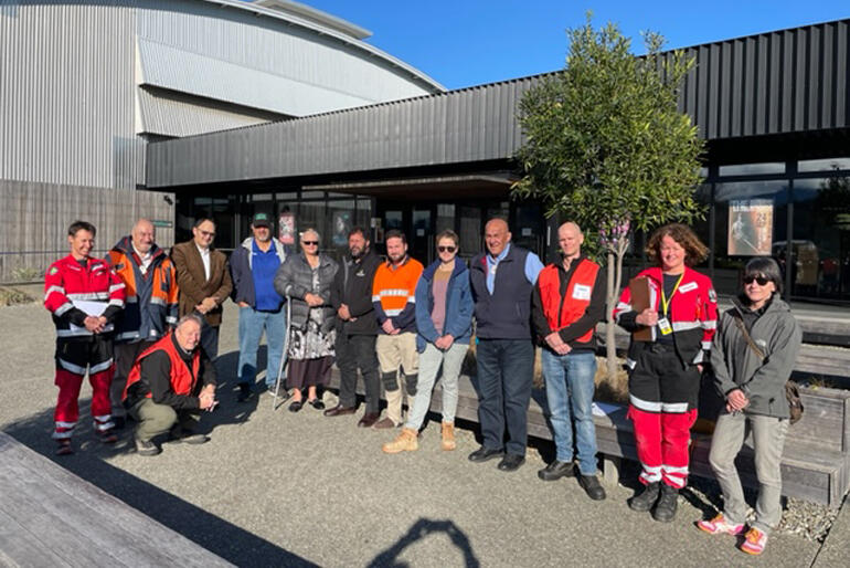 Anglican kaumatua with Emergency team leaders, Geotech leads and evacuated residents after karakia for people returning to damaged homes. 