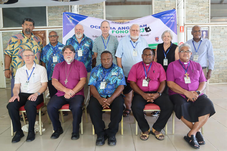 Oceania Primates and General Secretaries line up at the 2023 Oceania Anglican Leaders' Fono 19-21 May '23. 