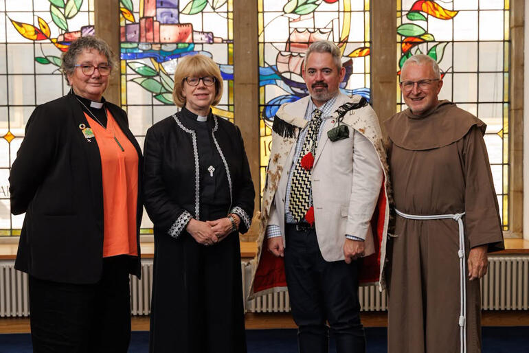 ABC with NZers at ACC: Rev Wendy Scott, Archbishop of Canterbury Sarah Mullally, Geremy Hema, Br Christopher John SSF.