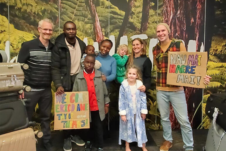 Members of the Diocese of Wellington welcome a family of former refugees through the Community Organisation Sponsorship scheme in 2024.