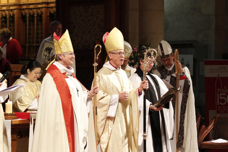 Bishop Denise Ferguson (left) at St Peter's Cathedral Adelaide after her ordination as Assistant Bishop of Adelaide. Photo: Adelaide Anglicans.