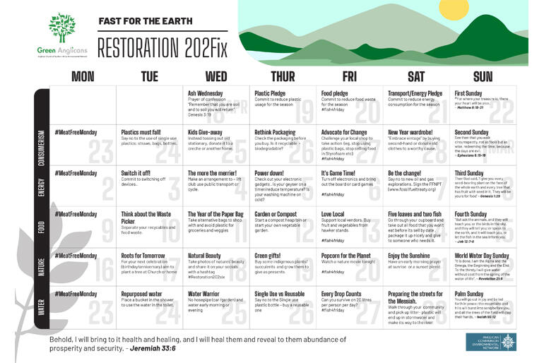Green Anglicans have produced a Carbon Fasting Calendar to help keep Creation front of mind in Lent 2026.