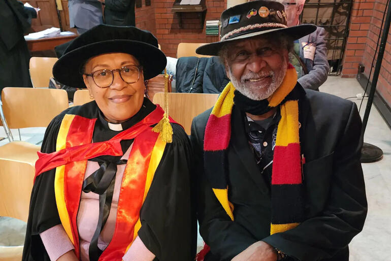 Rev Dr Eseta Mateiviti Tulavu meets with Rev Ray Minniecon after his CUAC presentation on Scarred Tree Indigenous Ministries.