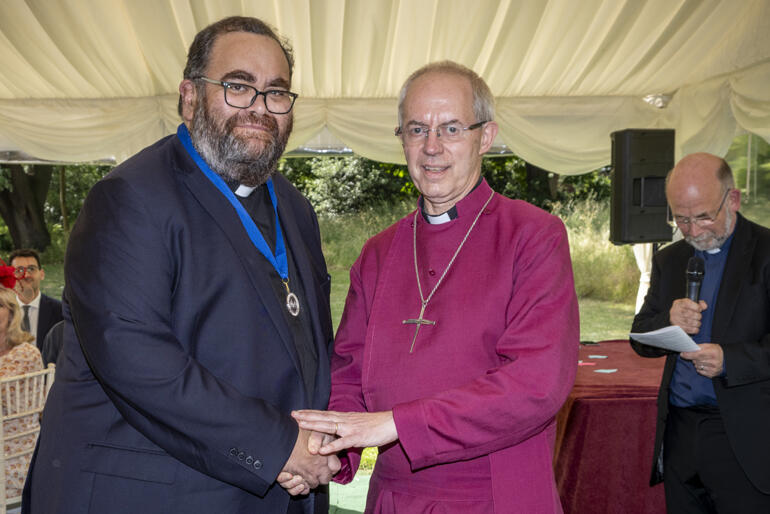 Archbishop of Canterbury Most Rev Justin Welby congratulates Rev Dr Hirini Kaa on his Lambeth Award. Photo: Jason Bye Archbishop of Canterbury Most Rev Justin Welby congratulates Rev Dr Hirini Kaa on his Lambeth Award. Photo: Jason Bye