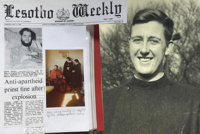 Clockwise: Bishop John Osmers in hospital after the bomb attack, visit from Precious Blood sisters, a student at Mirfield in York, UK.