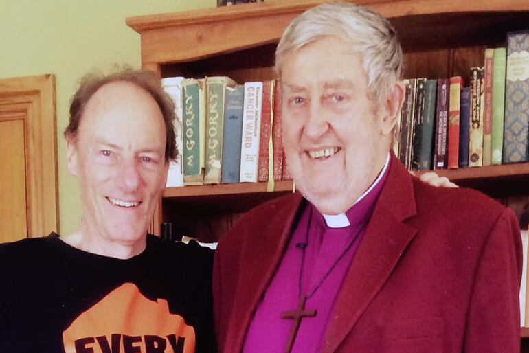 John Minto, prominent anti-apartheid campaigner with Halt All Racist Tours (HART) in the 1980s, stands with friend Bishop John Osmers.