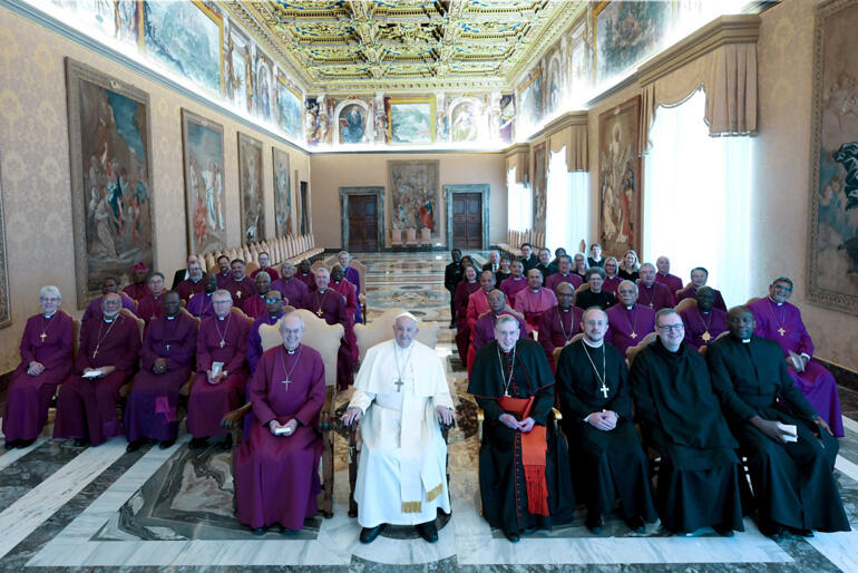His Holiness Pope Francis joins with the Archbishop of Canterbury and the Anglican primates for a photograph after their audience at the Vatican.