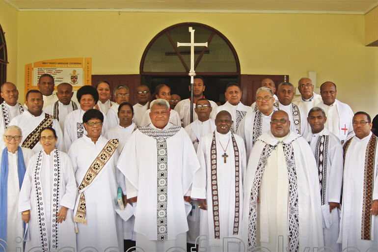 Archbishop John and Margaret Sentamu gather with Archbishop Fereimi Cama and clergy from across Suva-Ovalau.