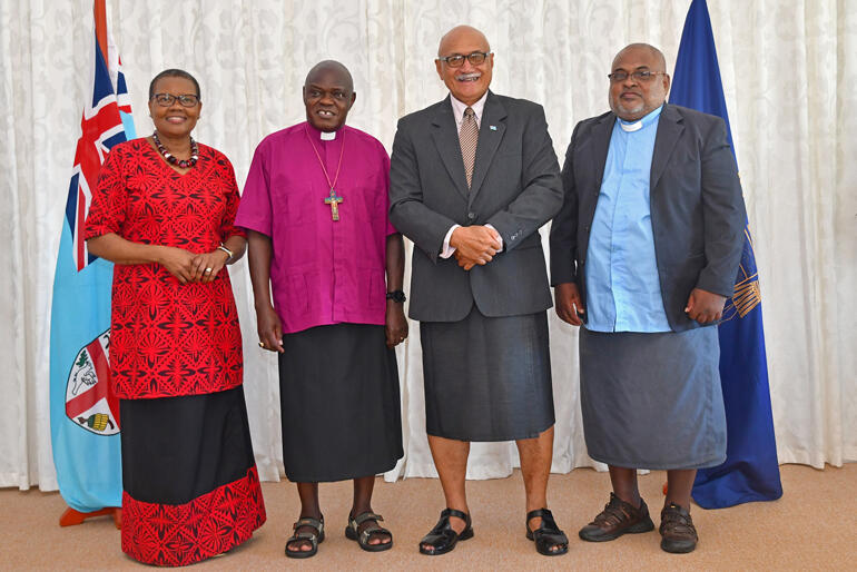 Rev Margaret Sentamu and Archbishop John meet President of Fiji Jioji Konrote, accompanied by the Rev Orisi Vuki.