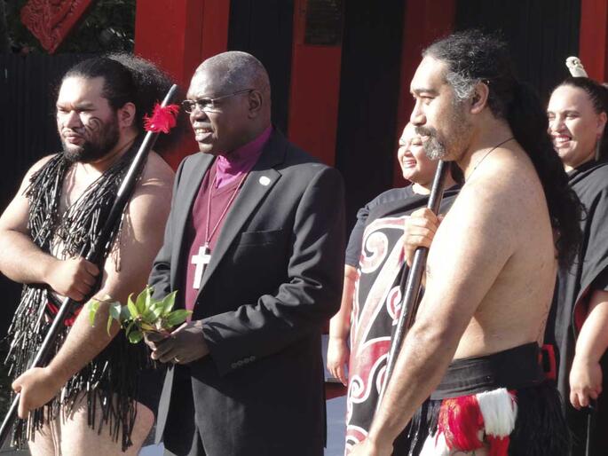 The Archbishop of York is flanked by warriors during his welcome to Te Hepara Pai. The Archbishop of York is flanked by warriors during his welcome to Te Hepara Pai.
